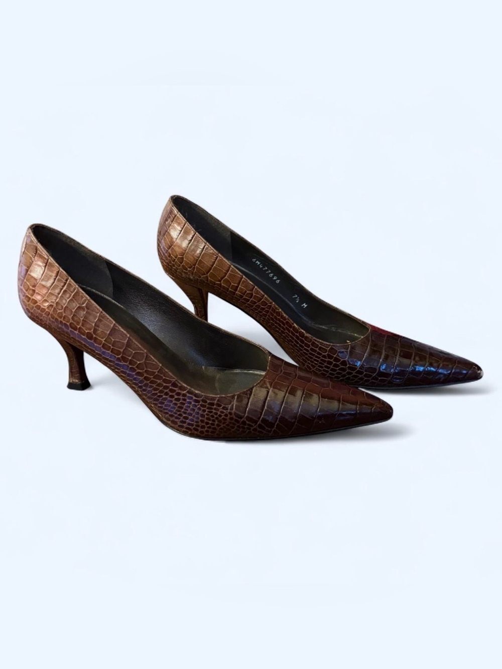 Stuart Weitzman Brown Croc Alligator Embossed Leather Pointed Toe Pumps 7.5M